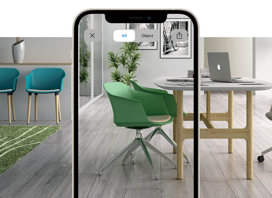 Office chairs, community chairs, waiting room sofas and tables with augmented reality