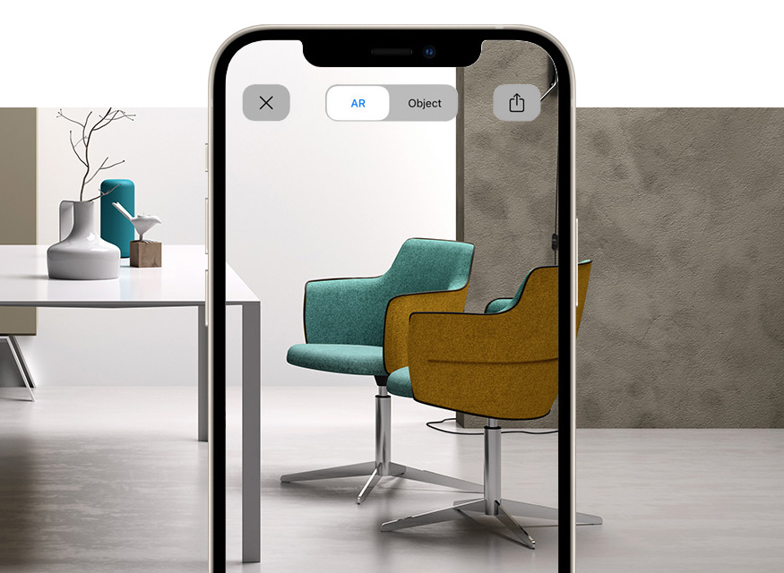 Community chairs, office chairs, waiting room sofas and tables with augmented reality